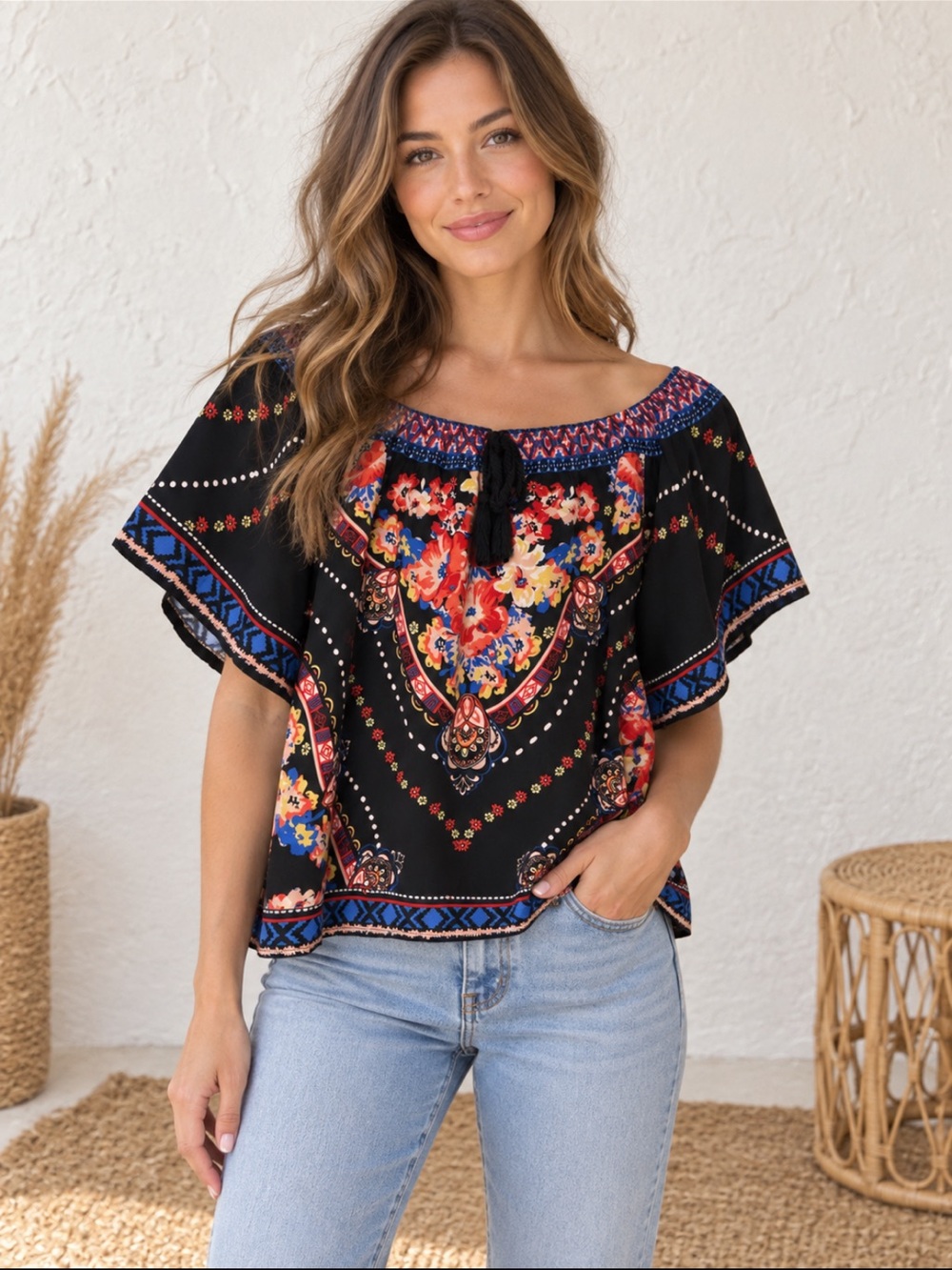 Bohemian Floral Off-Shoulder Top in Black Size S-M Colorful Artsy